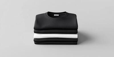This mockup showcases a stylish and modern stack of neatly folded black and white square tshirts, which is perfect for effectively highlighting unique fashionable designs or trending styles photo