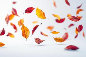 A beautiful composition of vibrant autumn leaves in rich red, warm orange, and sunny yellow, elegantly floating against a white backdrop, evoking a sense of seasonal change and transition photo