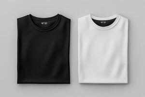 This detailed mockup effectively showcases an appealing stack of neatly folded black and white tshirts, which is ideal for effectively displaying your unique and creative apparel designs photo