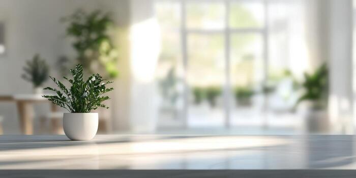 The interior features a serene Scandinavian design with a curated table and an arranged potted plant, all illuminated by soft, diffused natural light that enhances the inviting, tranquil atmosphere photo