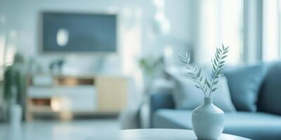 A serene Scandinavian interior features soft colors, elegant furnishings, and a calming atmosphere, enhanced by a decorative vase and a thriving plant that bring life to the space photo