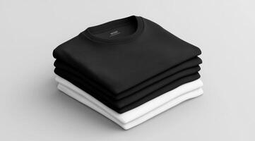 Showcase your unique designs effectively with this highquality mockup of a neatly folded stack of classic black and white tshirts, which is perfect for presenting various apparel options photo