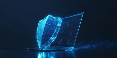 This abstract representation of cyber security features a sleek laptop and a blue, futuristic guard shield, symbolizing essential digital protection and assurance against online threats photo