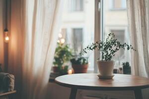A cozy Scandinavian design with flowing curtains, a stylish wooden table, and vibrant plants creates a tranquil atmosphere filled with natural light, promoting calm and relaxation for a perfect home photo