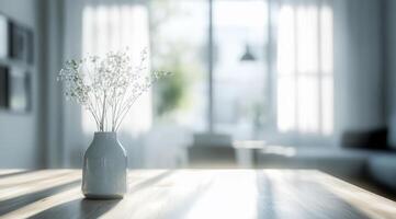 The interior design exudes a serene Scandinavian vibe, showcasing a softfocus background complemented by a delicate floral arrangement neatly placed in a simple yet elegant vase atop a wooden table photo
