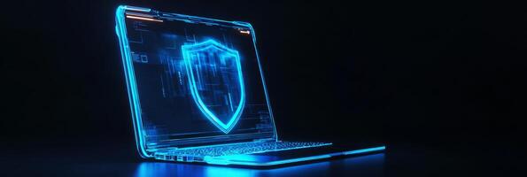This design features an innovative futuristic laptop that highlights a glowing blue shield, effectively symbolizing the critical aspects of cyber security and protection in todays digital landscape photo