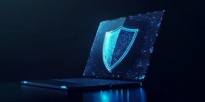 An abstract cyber security image features a sleek laptop beside a blue digital shield, representing the essential need for protection in todays changing digital technology and threat landscape photo