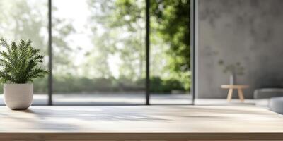A stunning modern Scandinavian interior characterized by large windows that let in abundant natural light, complemented by a tasteful touch of greenery to promote a soothing and calming atmosphere photo