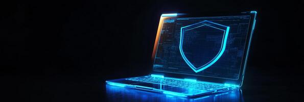 This is an abstract representation of cyber security, showcasing a futuristic laptop adorned with a glowing blue shield. This shield symbolizes the essential protection and digital security measures photo