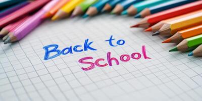 Bright and colorful pencils encircling a playful Back to School message written on lined paper, symbolizing the thrill and excitement that comes with a fresh new school year ahead photo