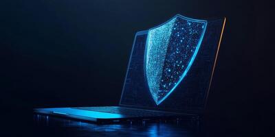 This abstract highlights cyber security, featuring a modern laptop with a blue, futuristic shield, symbolizing strong protection and ensuring digital safety for all internet users photo