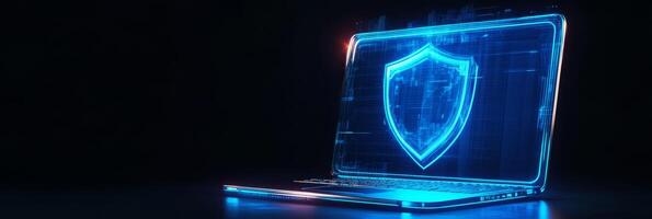 This abstract art symbolizes cybersecurity with a laptop and blue shield, depicting essential protection and digital safety in todays techdriven world where online security is vital photo
