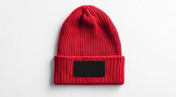 This stylish red knitted beanie hat showcases a blank black label, ideal for personalization and customization, making it perfect for branding purposes or individual use to match your style photo