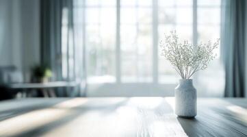 A Scandinavian interior features a minimalist vase with fresh flowers against a softly blurred background, enhancing its charm and elegance while inviting tranquility into the space photo
