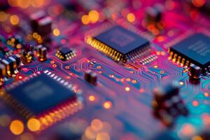 This image features a detailed closeup of a microchip, allowing viewers to appreciate the intricate circuitry and vibrant colors that represent the leading edge of modern electronic technology today photo