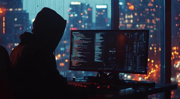 un misterioso pirata informático, encapotado en sombra, se enfoca en un brillante pantalla a un desordenado escritorio. afuera, vibrante ciudad luces reflejar moderno temas de datos, tecnología, y ciberespacio en nuestra evolucionando mundo foto