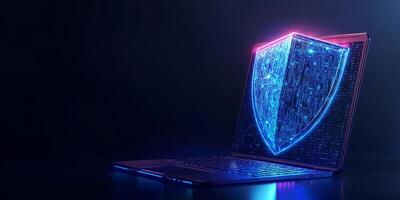 An abstract representation of cyber security, showing a sleek laptop next to a blue futuristic guard shield, symbolizing essential aspects of digital protection in todays techdriven world photo