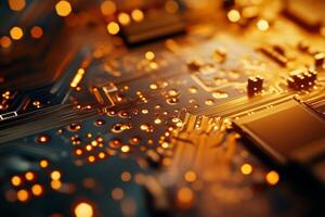 A detailed closeup view of intricate and complex circuitry on a microchip, showcasing the advanced technology that effectively powers modern electronics and drives innovation in various sectors photo