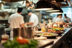 In a busy restaurant kitchen, skilled chefs create exquisite dishes with fresh ingredients and top equipment, providing patrons an unforgettable culinary experience that delights the senses photo