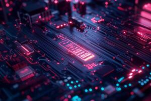 This image shows a detailed closeup of modern microchip circuitry, showcasing advanced electronics technology with intricate design elements that captivate the viewers attention photo