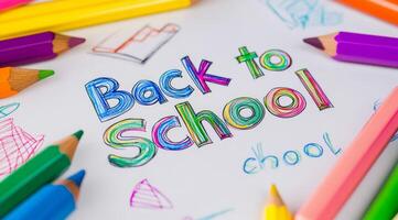 A vibrant Back to School message with colorful pencils on a white backdrop celebrates the new school year, encouraging creativity and joy in learning as students start their educational journey photo