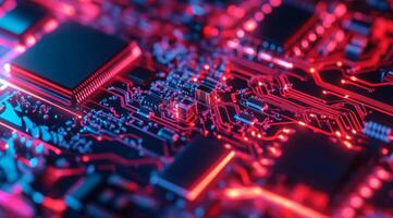 This text provides a detailed view of microchip circuitry, highlighting the advanced technology and vibrant colors essential for modern electronic devices and systems in our daily lives photo