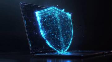 A visually striking representation of cyber security features a sleek laptop with a glowing blue shield, symbolizing essential protection in our rapidly evolving digital landscape photo