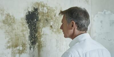 A man carefully examines the mold that has formed on a wall, contemplating the significant impact of neglect and decay in what was once a vibrant and lively space, now in disrepair photo