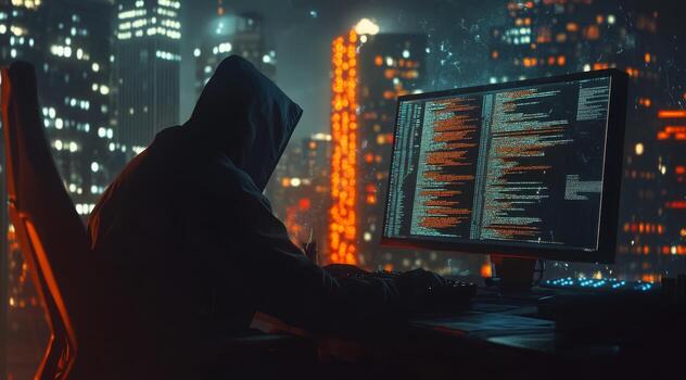 en un iluminado por neón paisaje urbano, un hacker se enfoca en su computadora, inmerso en codificación, exhibiendo el intersección de avanzado tecnología, grande datos, y en marcha la seguridad cibernética retos en moderno sociedad foto
