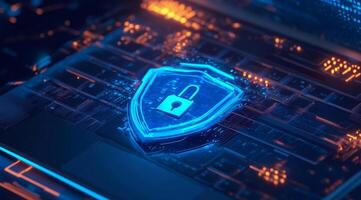 This abstract image of cyber security shows a blue shield over a laptop, symbolizing the need for improved protection and digital safety in our fastevolving technological landscape photo