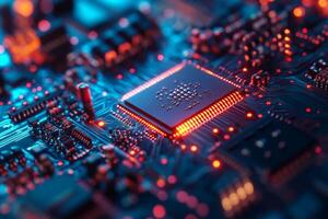 A highly detailed and vivid imagery of a microchip is presented, showcasing the intricate and complex circuitry, which highlights the remarkable advanced technology embedded within modern electronics photo