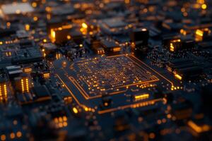 A detailed closeup view of the intricate and complex circuitry found on a microchip, illustrating the advanced technology that underpins and powers modern electronic devices and systems photo