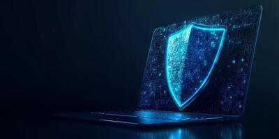 An abstract representation of cyber security with a modern laptop and a glowing blue shield, symbolizing vital aspects of digital protection, safety, and insurance in our techdriven world photo