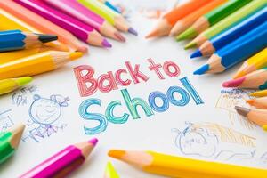 A vibrant array of pencils surrounds a cheerful Back to School message on bright white paper, capturing the excitement of a new school year filled with opportunities for learning and growth photo