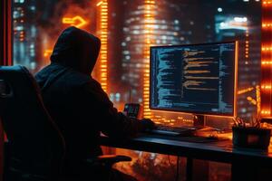 In a shadowy space, a hooded figure works on a hightech computer amid glowing screens displaying advanced hacking techniques, against a mesmerizing futuristic city backdrop sparkling with lights photo