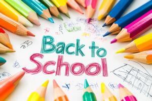 A cheerful back to school scene featuring an array of vibrant colored pencils elegantly arranged around a delightful handwritten message that captures the excitement of starting a new academic year photo