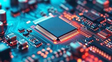 This detailed view of a microchip showcases its intricate circuits, highlighting the sophistication and complexity of modern electronics designed for various applications across multiple fields photo