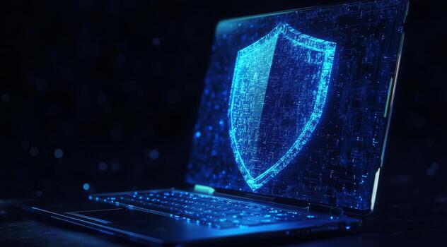 un resumen representación de ciber seguridad vitrinas un pulcro ordenador portátil y un azul digital Guardia proteger, simbolizando el importancia de proteccion en el evolucionando reino de digital tecnología foto