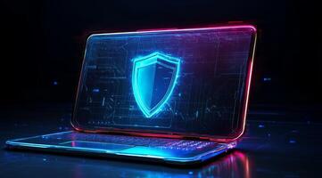 This abstract representation emphasizes cyber security, showcasing a futuristic laptop with a blue shield to highlight the essential need for digital protection in our technological world photo
