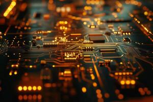 The intricate details and vibrant colors of modern microchip circuitry exemplify the advancement of electronics, showcasing complex patterns that illustrate the cuttingedge of technology today photo