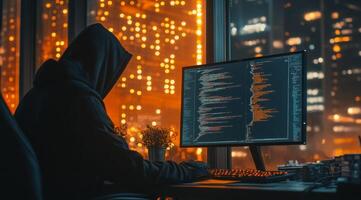 A cloaked figure in a dark hoodie types on a glowing keyboard against a sparkling city skyline at night, embodying themes of hacking, digital crime, and hightech innovations in urban life photo