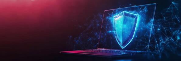 An abstract representation of cybersecurity featuring a laptop and a blue futuristic shield, symbolizing protection and digital security vital in todays world of constant online threats photo
