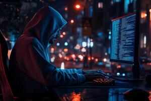 Imagine a dedicated hacker engrossed in coding at his desk, surrounded by vibrant city lights. This scene embodies modern technology and the intricate world of data manipulation and cybersecurity photo