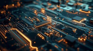 The intricate circuitry of a microchip highlights advanced technology in modern electronics, with complex designs and vibrant illumination that captivates the eye with their beauty and ingenuity photo
