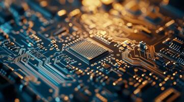 This image provides a detailed view of intricate circuitry on a microchip, which highlights the remarkable complexity and precision that characterize modern electronic technology advancements photo