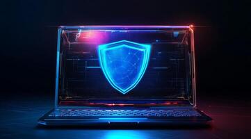 This modern laptop features a glowing blue shield, symbolizing stylish aesthetics and advanced cyber security, providing robust protection against daily digital threats in users online activities photo