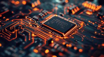 Modern microchip circuitry exemplifies advanced electronics with its intricate designs and essential connections, greatly influencing todays computing landscape and future technology advancements photo