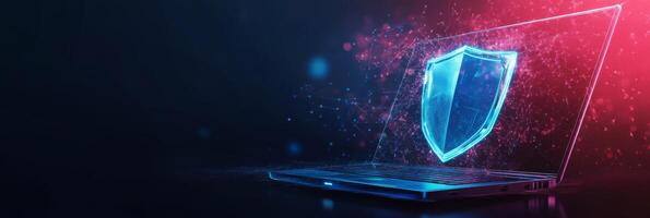 An abstract representation of cyber security that prominently features a laptop and a vivid blue digital shield, symbolizing robust protection against potential online threats and vulnerabilities photo