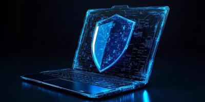 This abstract representation shows cyber security and insurance, featuring a glowing blue laptop and a futuristic shield symbolizing protection and digital safety in the cyber realm photo