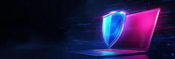 An abstract representation of cyber security that features a glowing laptop along with a blue futuristic shield, which symbolizes the crucial aspects of protection and digital safety in todays world photo